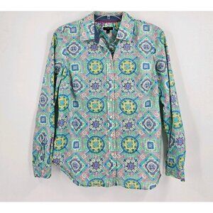 Talbots Petites Womens Sz Mp Multicolor Geometric Pattern Button Front Blouse
